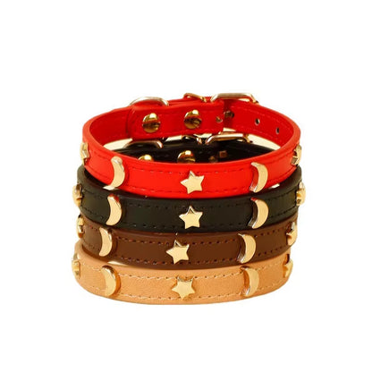 Cute Cat Collar Soft Leather Pet Collars for Small Dog Kitten Puppy Necklace Cats Accessories Star Moon Rivets Decoration XS-M