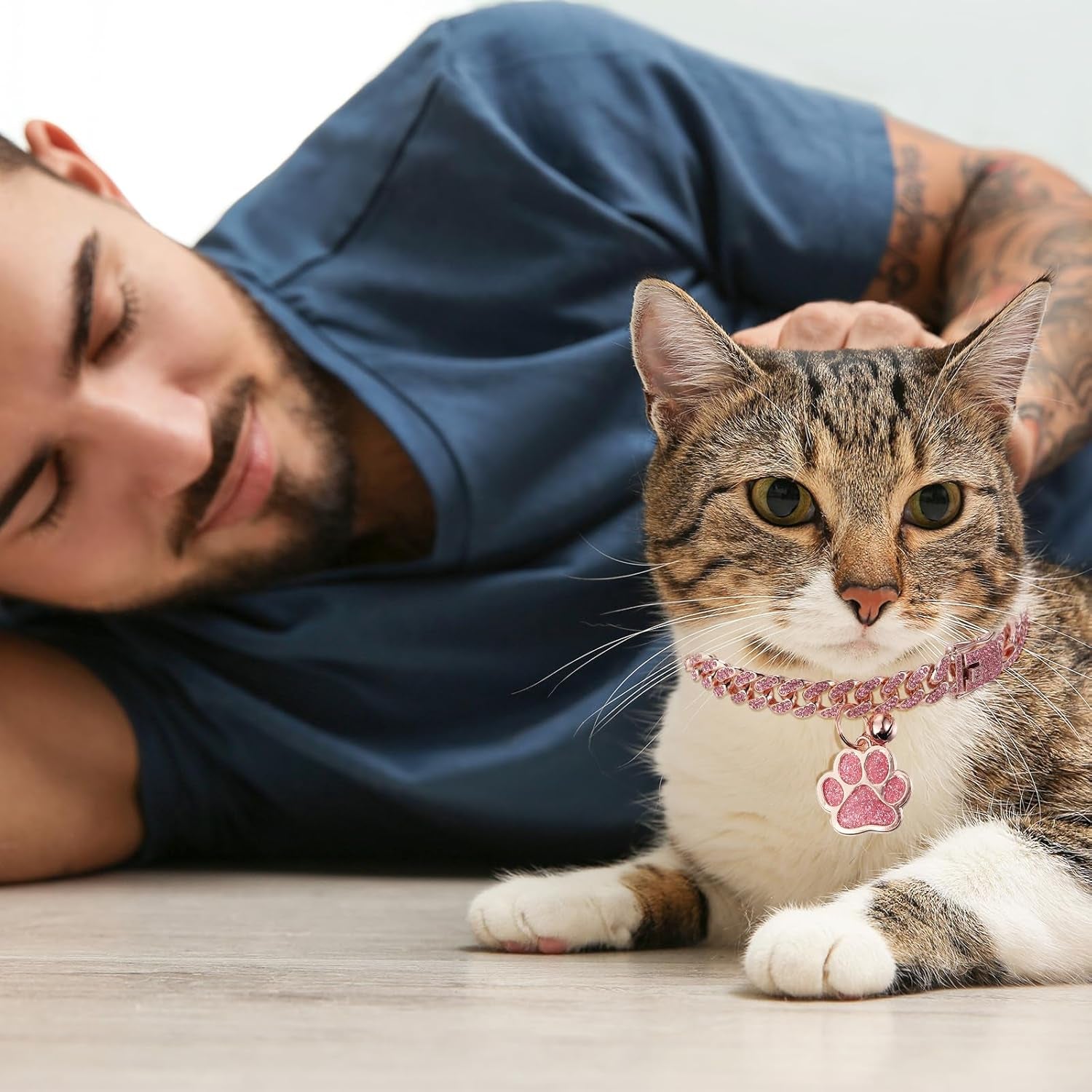 Cat Collar Diamond Chain Glitter Collar Walking Metal with Secure Buckle Cat Pet Necklace with Paw Charm and ID Tag Bell Link Cuban Jewelry Accessories Gift(8 Inch,Rose Gold, Pink)