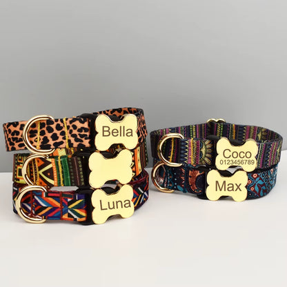 Custom Engraved Ethnic Style Dog Collar with Nameplate for Small Medium Large Dogs Pet Supplies with Matching Leash