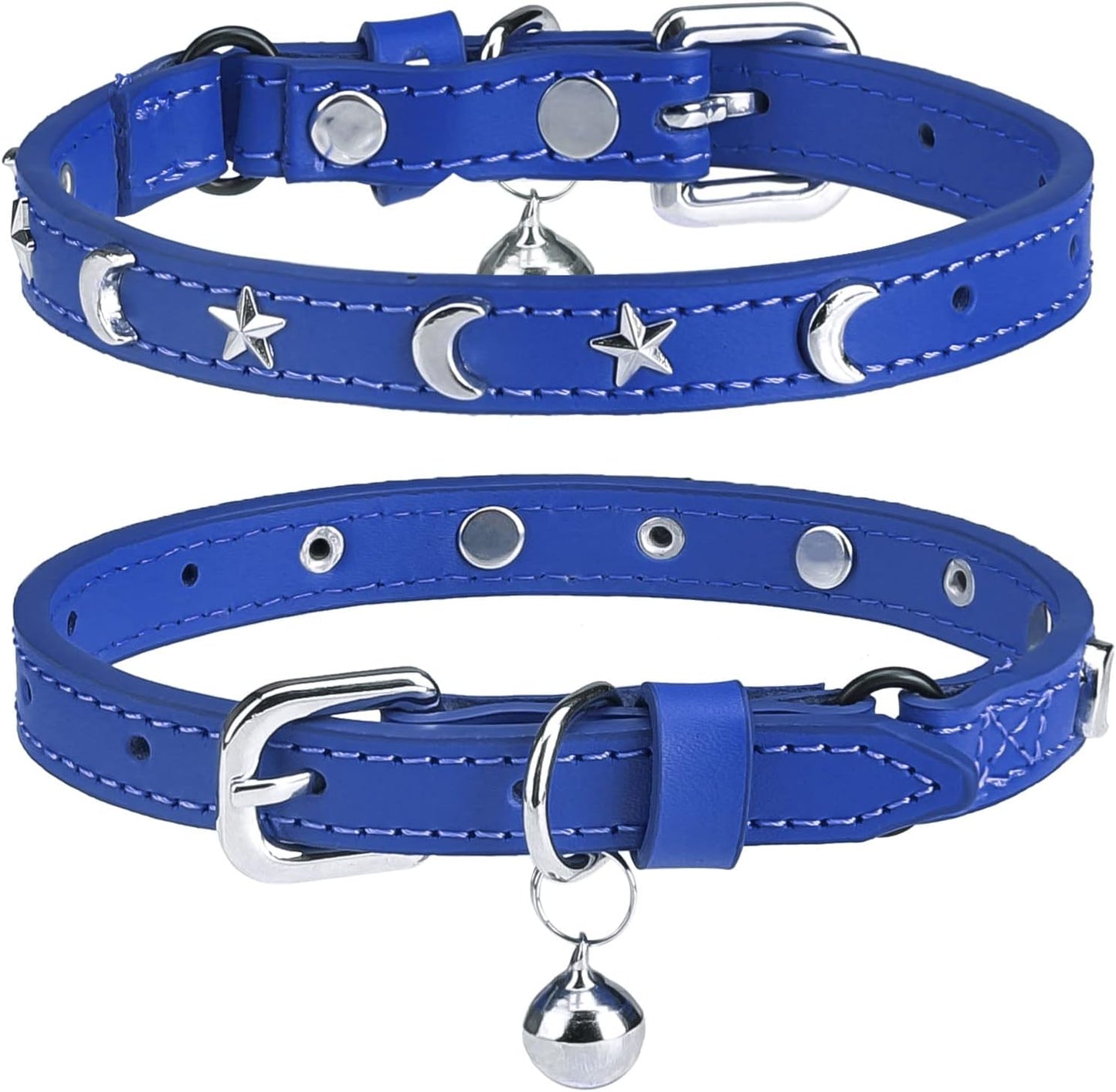 Leather Cat Collars for Boy Girl Cats with Bell and Safety Elastic Belt, Personalized Star and Moon Stud Adjustable Safe Buckle Collar for Kitty Small Big Cats Size 7-9 Inch, Black