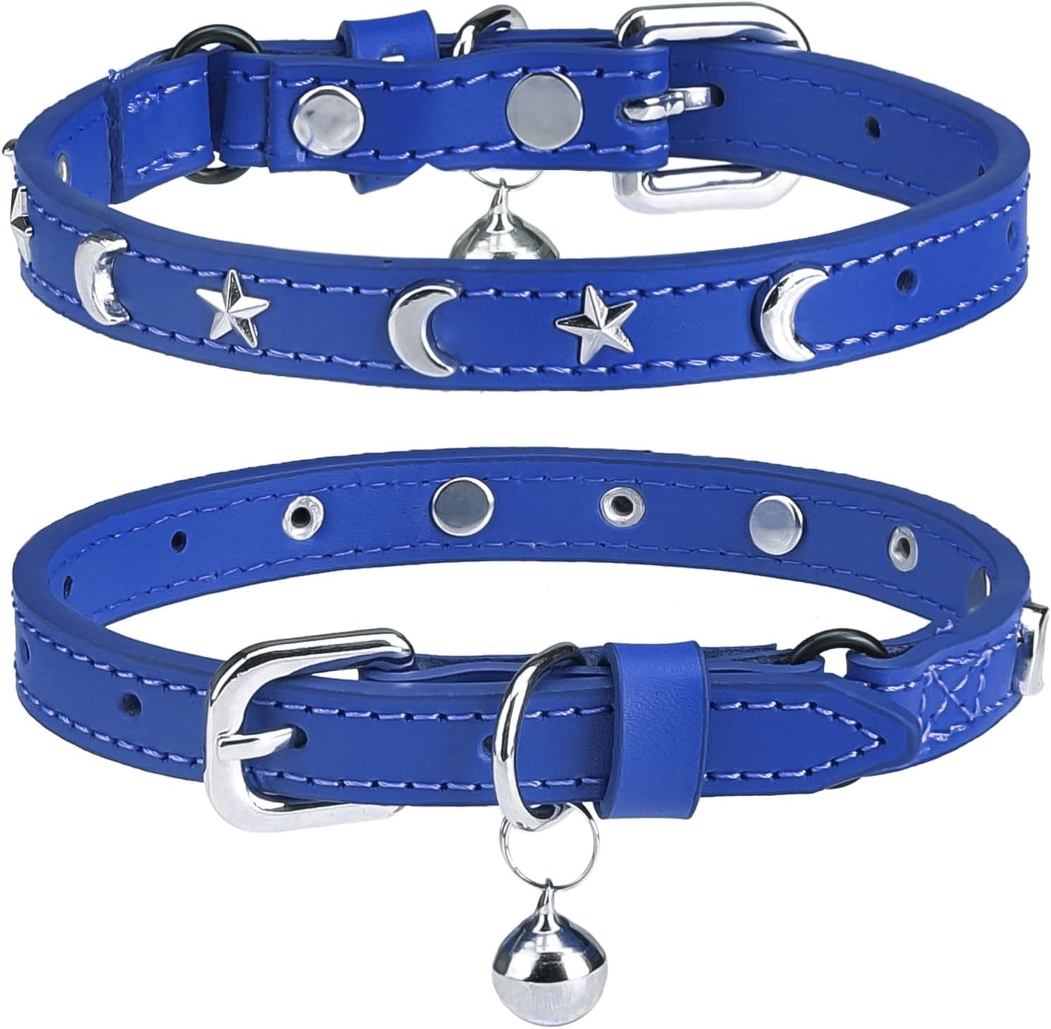 Leather Cat Collars for Boy Girl Cats with Bell and Safety Elastic Belt, Personalized Star and Moon Stud Adjustable Safe Buckle Collar for Kitty Small Big Cats Size 7-9 Inch, Black