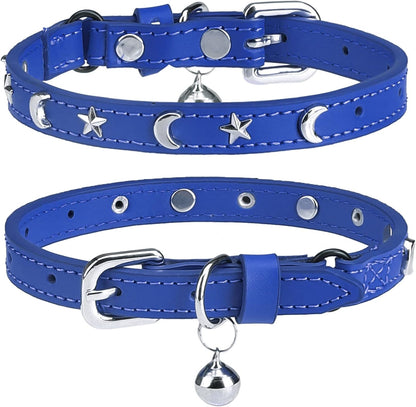 Leather Cat Collars for Boy Girl Cats with Bell and Safety Elastic Belt, Personalized Star and Moon Stud Adjustable Safe Buckle Collar for Kitty Small Big Cats Size 7-9 Inch, Black