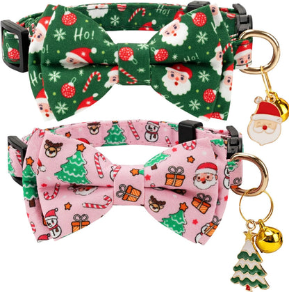 2 Pack Cotton Cat Collar with Bow Tie and Bell for Male Female Cats,Soft Fancy Breakaway Kitty Kitten Collar with Ghost& Pumpkin Patterned Design for Boy Girl Cats. (Cow&Heart)