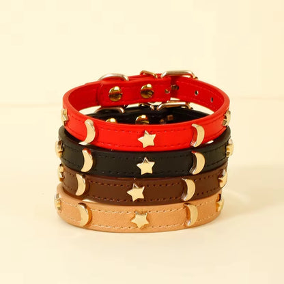 Cute Cat Collar Soft Leather Pet Collars for Small Dog Kitten Puppy Necklace Cats Accessories Star Moon Rivets Decoration XS-M