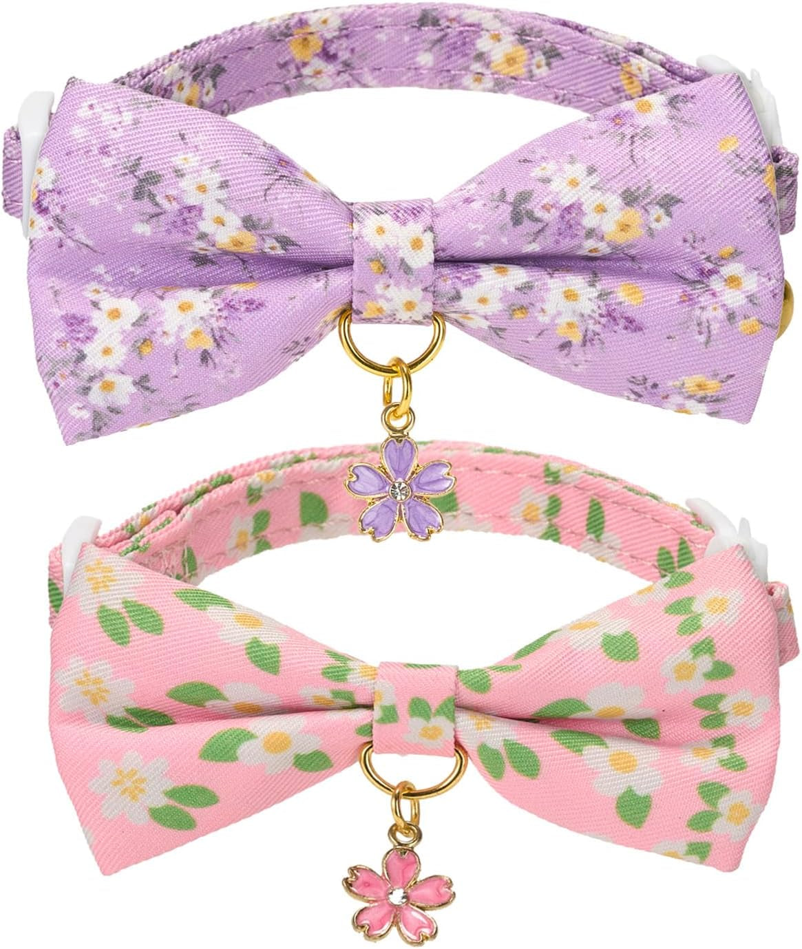 2 Pack Soft Corduroy Cat Collars with Bow Tie & Bell, Adjustable Breakaway Cotton Kitty Bowtie Collar for Girl Boy Kitten (Orange & Green)