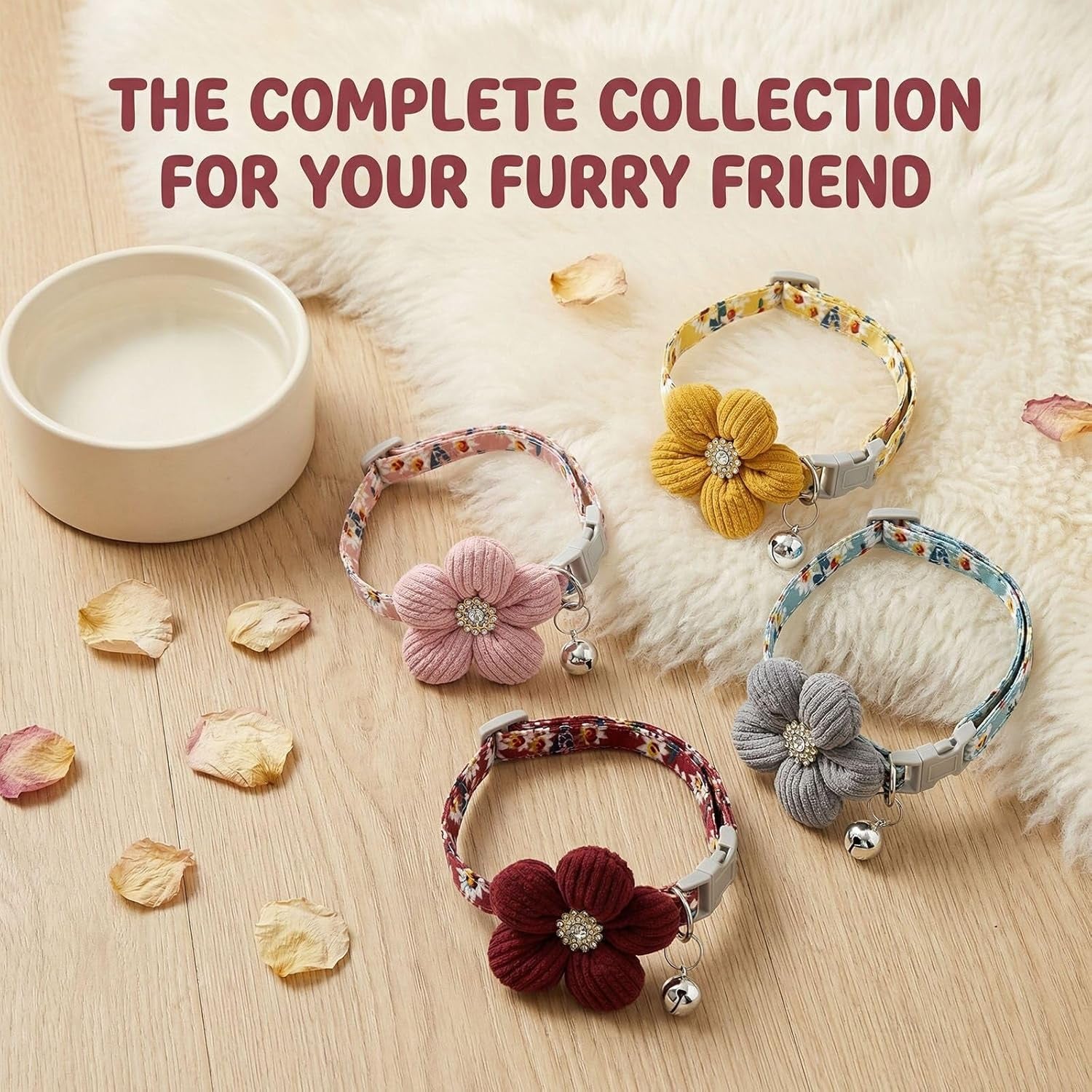 Cute Flower Cat Collar with Bell, Breakaway Safety Buckle, Soft Adjustable Floral Pet Collar for Kitten Cats, 4 Color Options (Gray, Yellow, Burgundy, Pink)