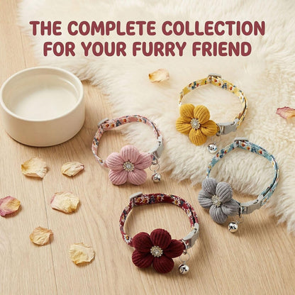 Cute Flower Cat Collar with Bell, Breakaway Safety Buckle, Soft Adjustable Floral Pet Collar for Kitten Cats, 4 Color Options (Gray, Yellow, Burgundy, Pink)