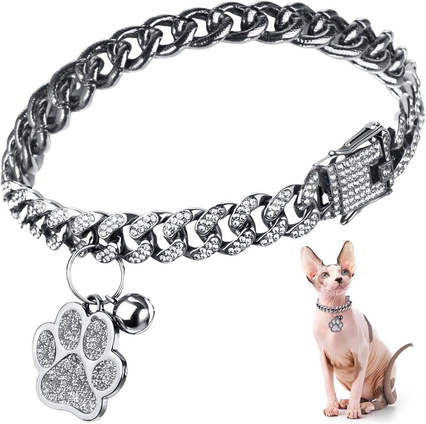 Cat Collar Diamond Chain Glitter Collar Walking Metal with Secure Buckle Cat Pet Necklace with Paw Charm and ID Tag Bell Link Cuban Jewelry Accessories Gift(8 Inch,Rose Gold, Pink)