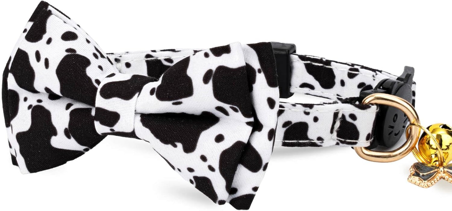 2 Pack Cotton Cat Collar with Bow Tie and Bell for Male Female Cats,Soft Fancy Breakaway Kitty Kitten Collar with Ghost& Pumpkin Patterned Design for Boy Girl Cats. (Cow&Heart)