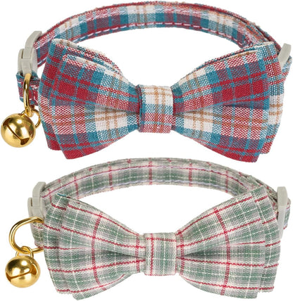 2 Pack Soft Corduroy Cat Collars with Bow Tie & Bell, Adjustable Breakaway Cotton Kitty Bowtie Collar for Girl Boy Kitten (Orange & Green)
