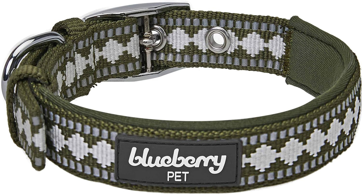 Reflective Jacquard Dog Collar with Neoprene Padding & Metal Buckle | Soft & Adjustable Safety Collar - Olive, Neck 13-16.5", for Medium Breed