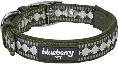 Reflective Jacquard Dog Collar with Neoprene Padding & Metal Buckle | Soft & Adjustable Safety Collar - Olive, Neck 13-16.5", for Medium Breed