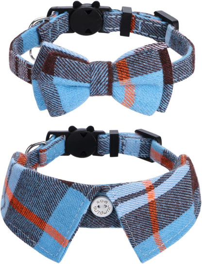 2 Pack/Set Cat Collar with Cute Bow Tie and Bell,Breakaway Plaid Shirt Collar for Kitty Adjustable Safety