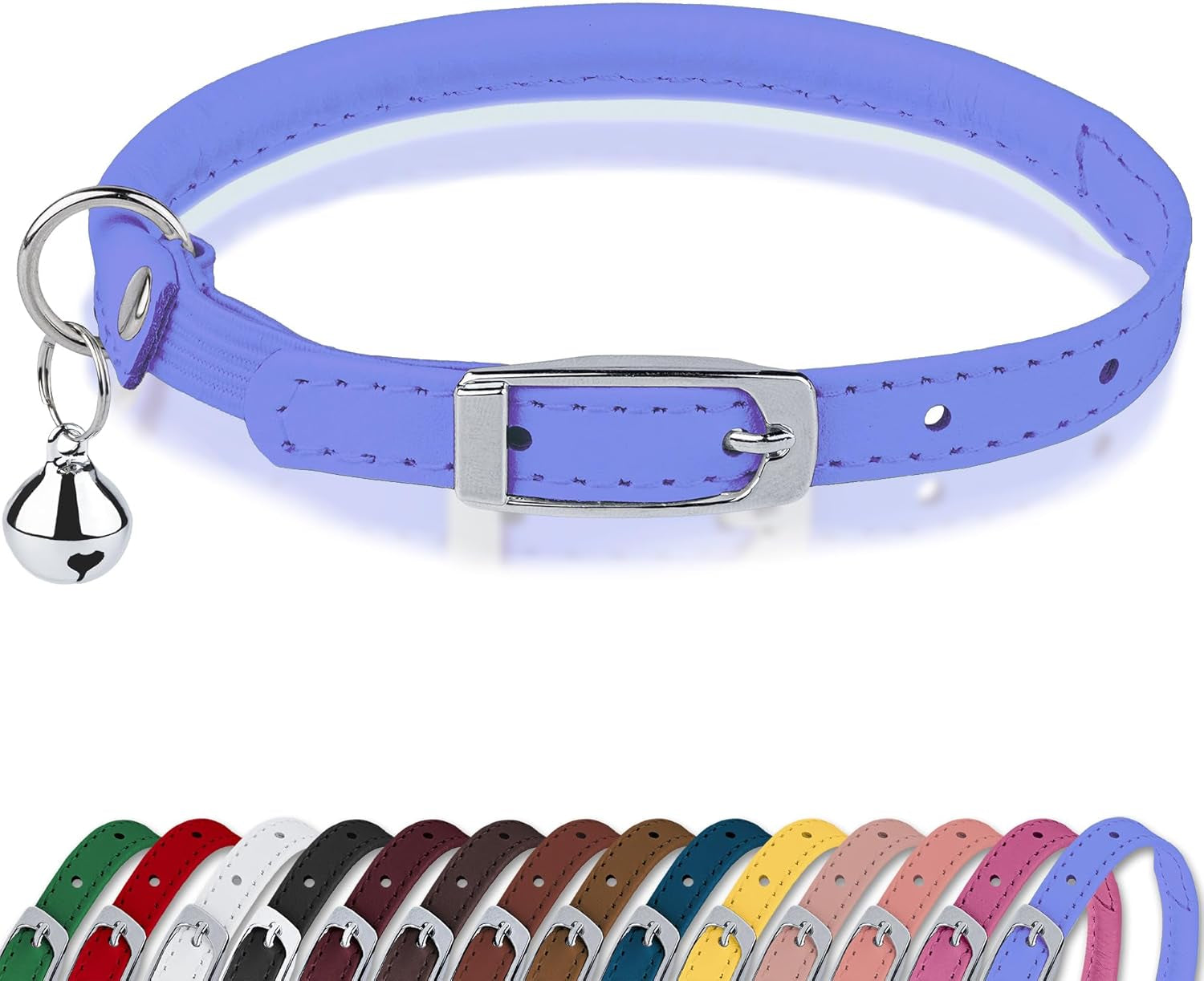 Rolled Leather Cat Collar with Bell, Reflective Kitten Collars with Buckle Include Safety Elastic Strap - Adjustable Small Pet Collars for Boy Girl Cats (White)