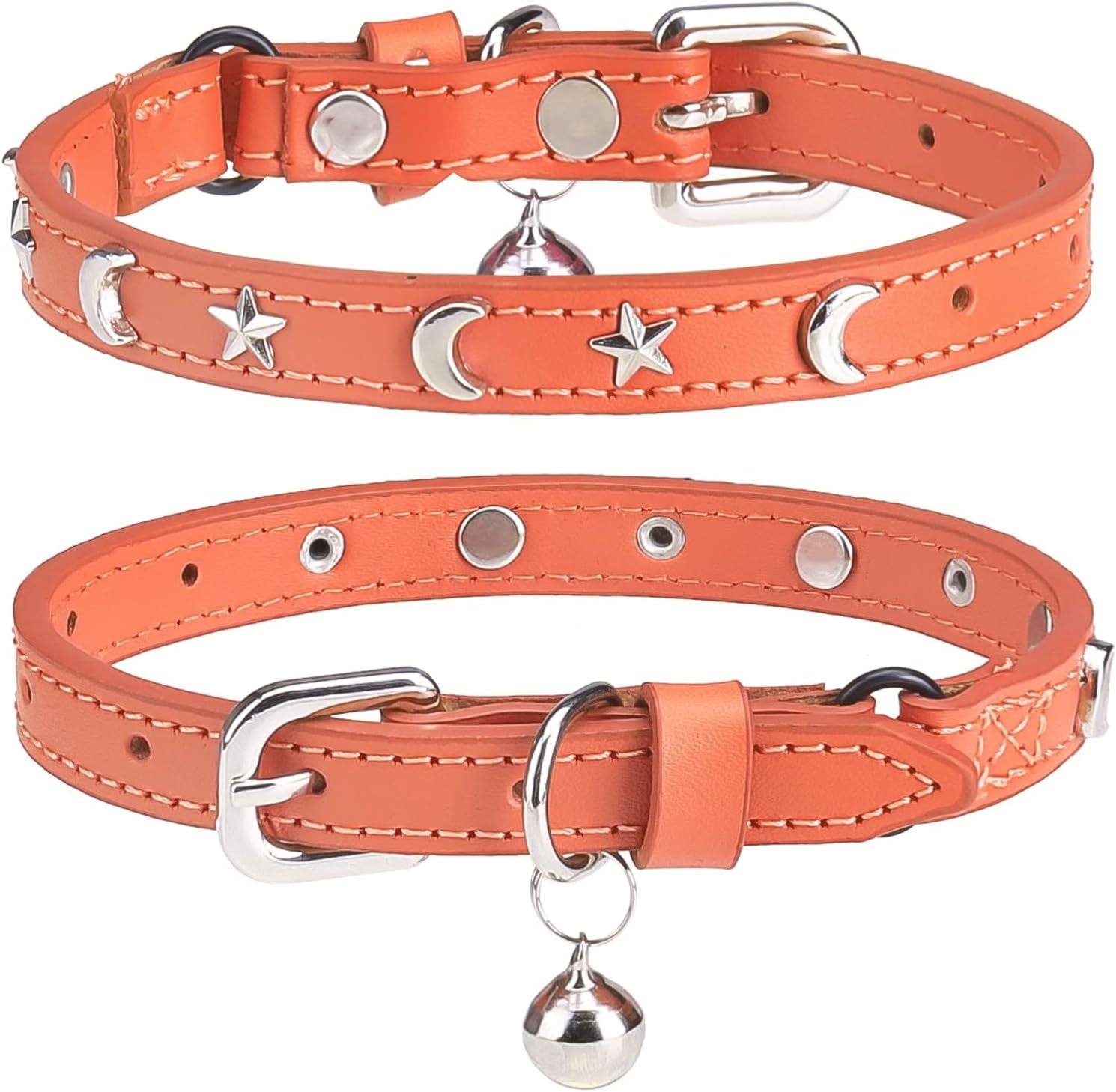 Leather Cat Collars for Boy Girl Cats with Bell and Safety Elastic Belt, Personalized Star and Moon Stud Adjustable Safe Buckle Collar for Kitty Small Big Cats Size 7-9 Inch, Black