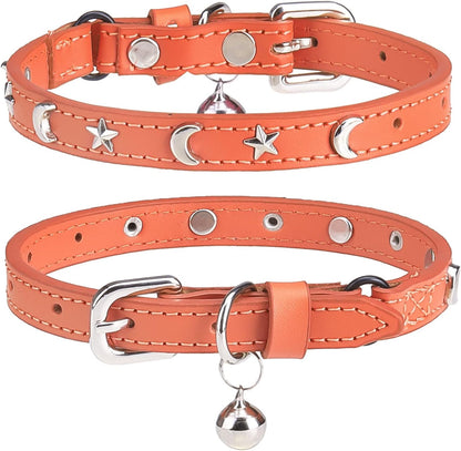 Leather Cat Collars for Boy Girl Cats with Bell and Safety Elastic Belt, Personalized Star and Moon Stud Adjustable Safe Buckle Collar for Kitty Small Big Cats Size 7-9 Inch, Black