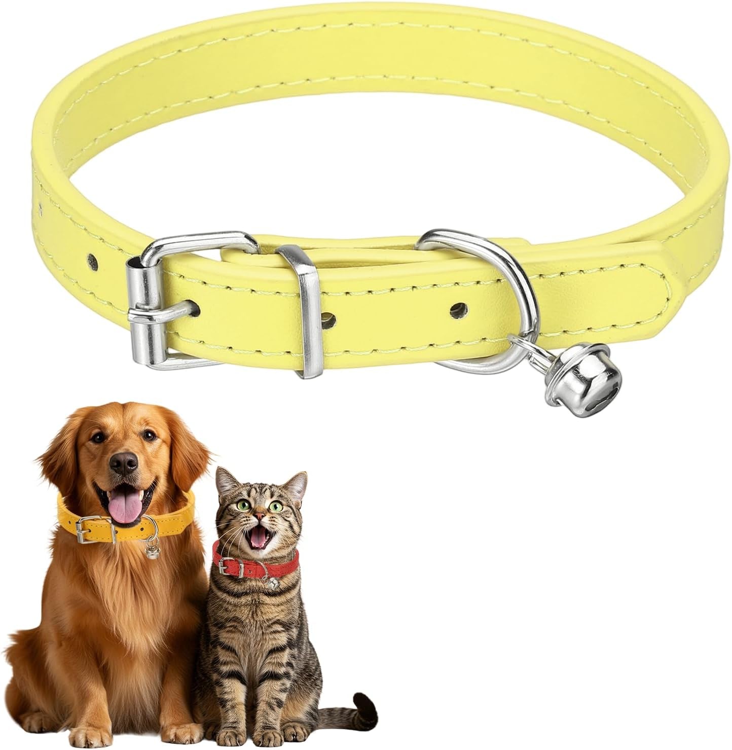 Dog Collar with Bell, Pu Leather Cat Collars Pet Basic Soft Padded Adjustable Buckle, 14.5" (Blue, 1 Pcs), Intended for Teacup/Little Dog/Kitten Cats/Small Animals