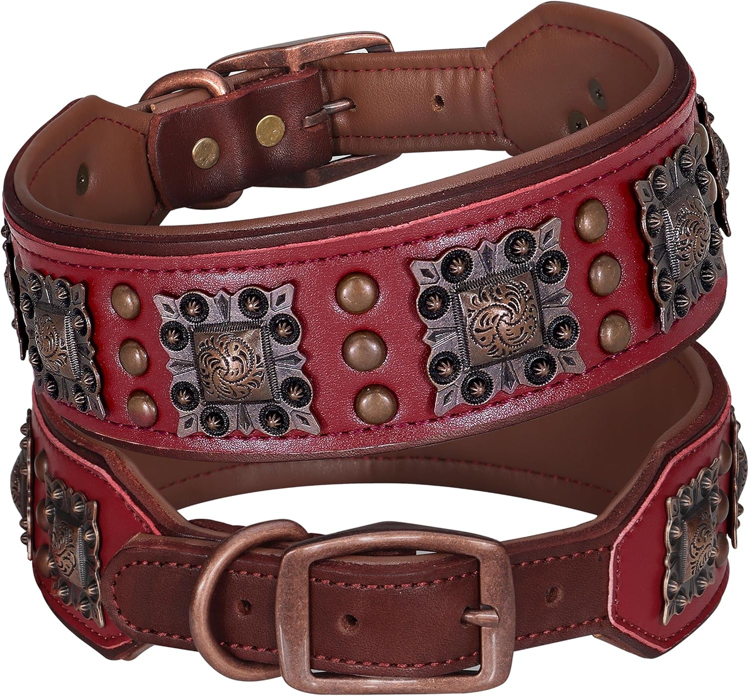 Soft Padded Leather Dog Collar, 2 Inch Wide Genuine Leather Dog Collars with Stylish Studded Rivet & Metal Buckle, Luxury & Adjustable Pet Collars for Medium Dogs,Green,Neck 16-19"