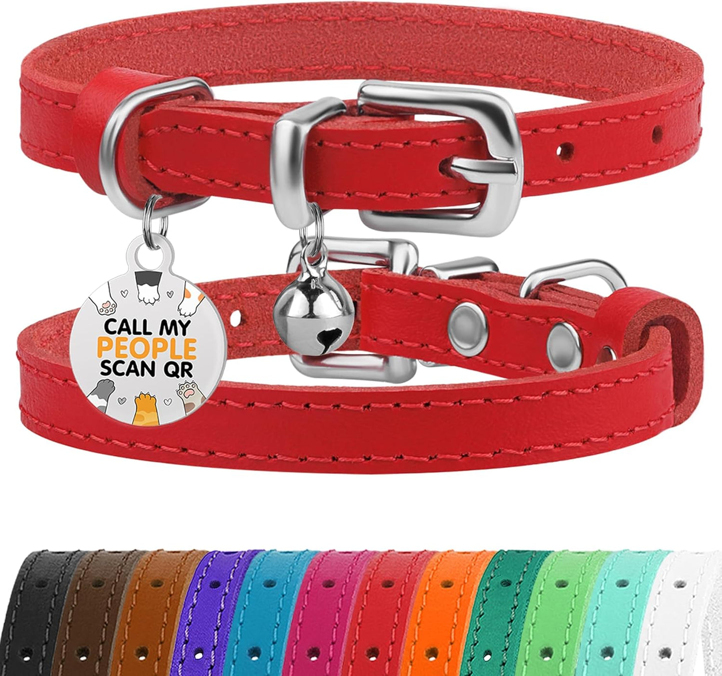 Leather Cat Collar with Removable Bells Non Breakaway Kitten QR Tag for Girl Boy (7" - 9" for Cats, Purple & Gold)