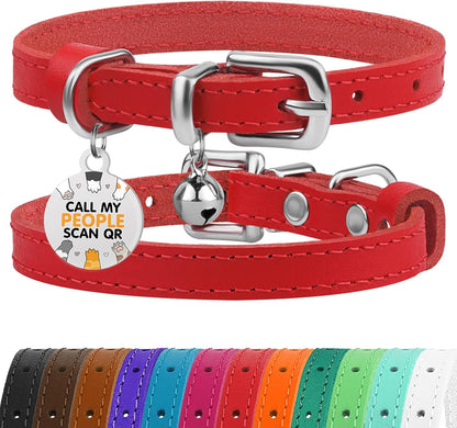 Leather Cat Collar with Removable Bells Non Breakaway Kitten QR Tag for Girl Boy (7" - 9" for Cats, Purple & Gold)