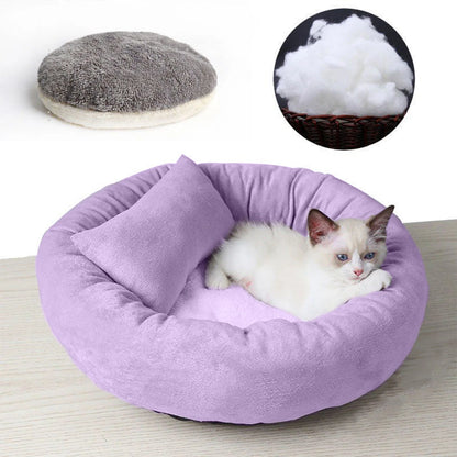 14In round Cat Beds for Indoor Cats Small Dog Bed with Pillow, Washable Soft Plush Calming Pet Bed for Kittens Puppy, Purple