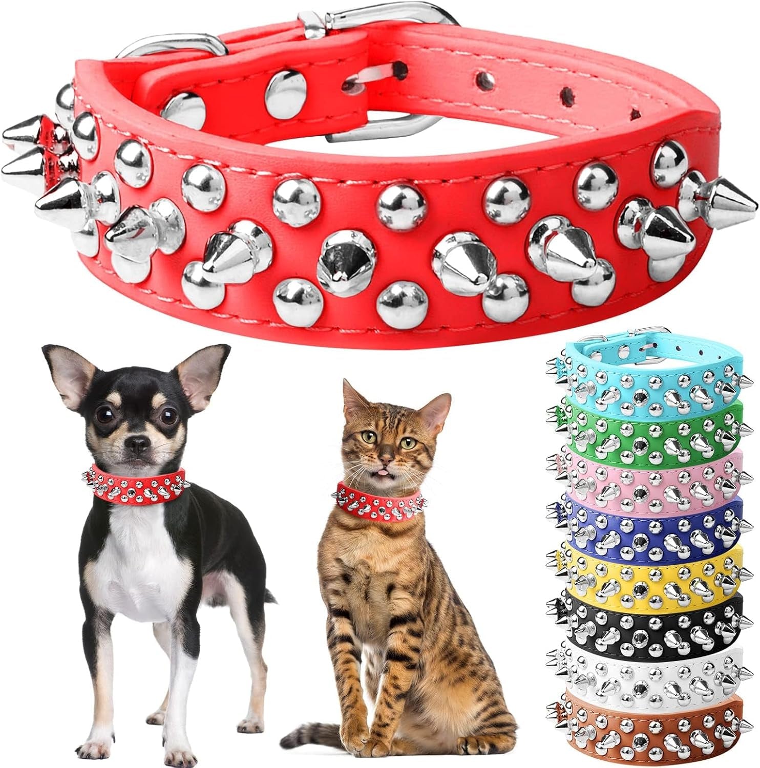 Small Pink Spiked Dog Cat Collar for Small Medium Dogs Girl Female - Adjustable Studded Puppy Collars - Soft Padded Punk Leather Dog Collar for Chihuahua French Bulldog Pug (Pink,L)