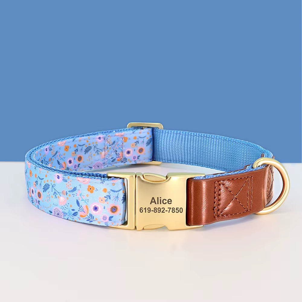 Custom Engraved Dog Collar Adjustable Pet Buckle Collars Anti-Lost Flower Printed for Small Medium Large Dogs French Bulldog