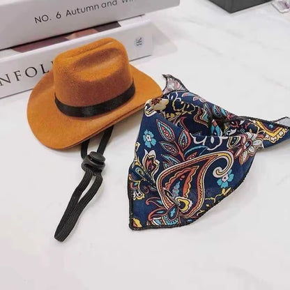 Pet Hat Set Western Cowboy Suitable for Cats and Dogs Fashionable Pet Accessory Cat Triangle Scarf