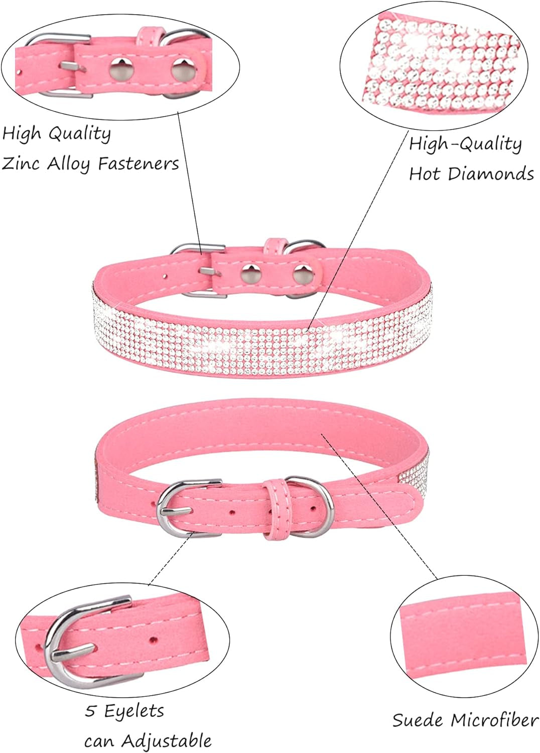 Dog Collar for Small Dogs, Adjustable Leather Suede Bling Dog Collars，Pink Dog Collar Cat Collar, Rhinestone Dog Collar(S, Pink)