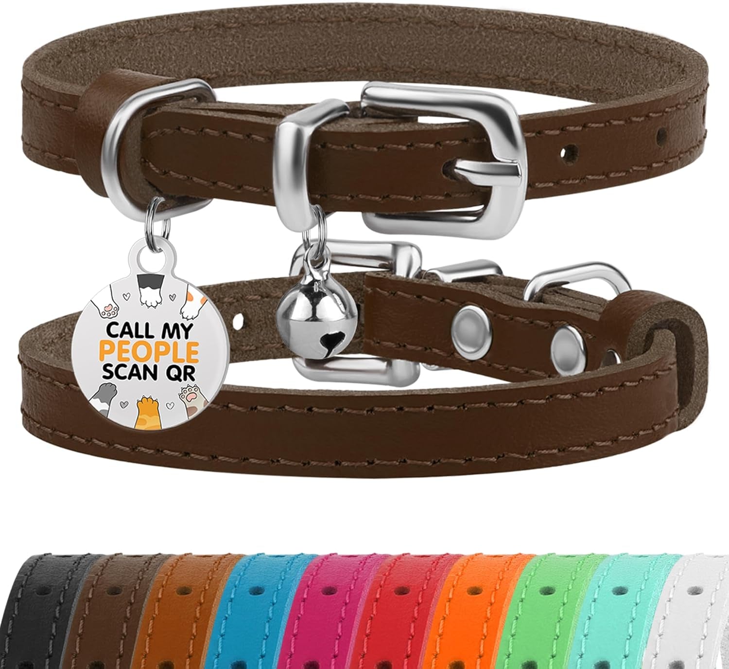 Leather Cat Collar with Removable Bells Non Breakaway Kitten QR Tag for Girl Boy (7" - 9" for Cats, Purple & Gold)