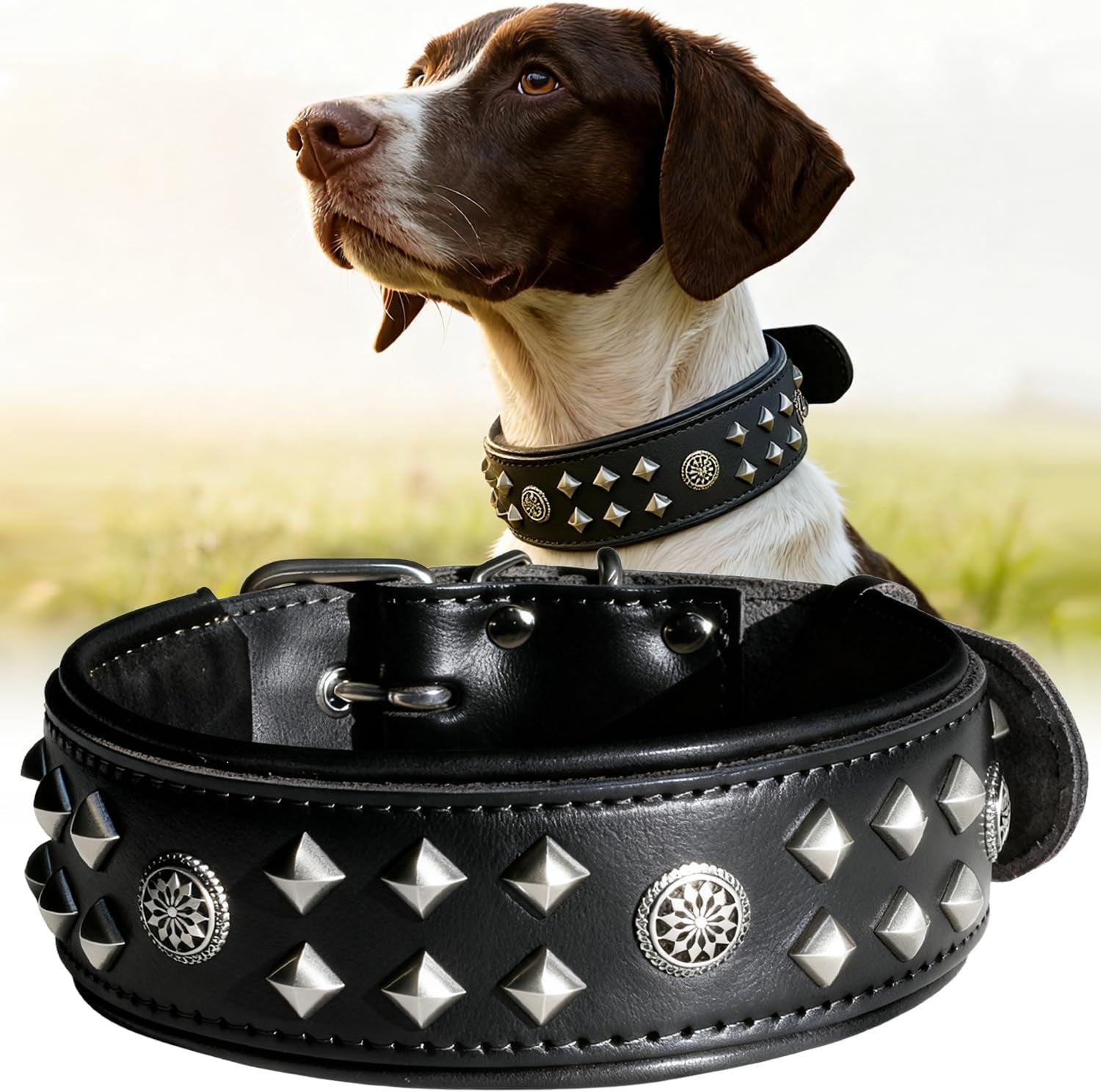 Eliteguard Genuine Leather Dog Collar, 2.2-Inch Handmade Studded with Stainless Steel Buckle, Daily Wear for Large Dogs, Brown 14-18.5 In