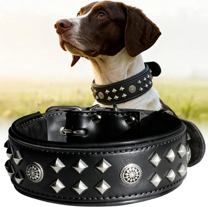 Eliteguard Genuine Leather Dog Collar, 2.2-Inch Handmade Studded with Stainless Steel Buckle, Daily Wear for Large Dogs, Brown 14-18.5 In