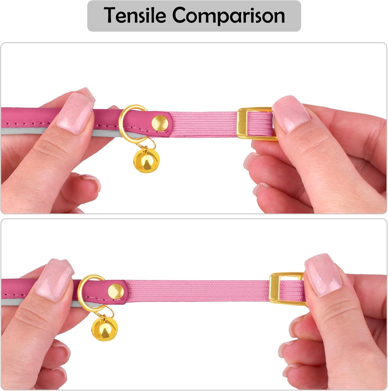 Rolled Leather Cat Collar with Bell - Reflective Kitten Collar with Safety Elastic Strap - Adjustable Small Pet Collars for Boy Girl Cats (Fuchsia)