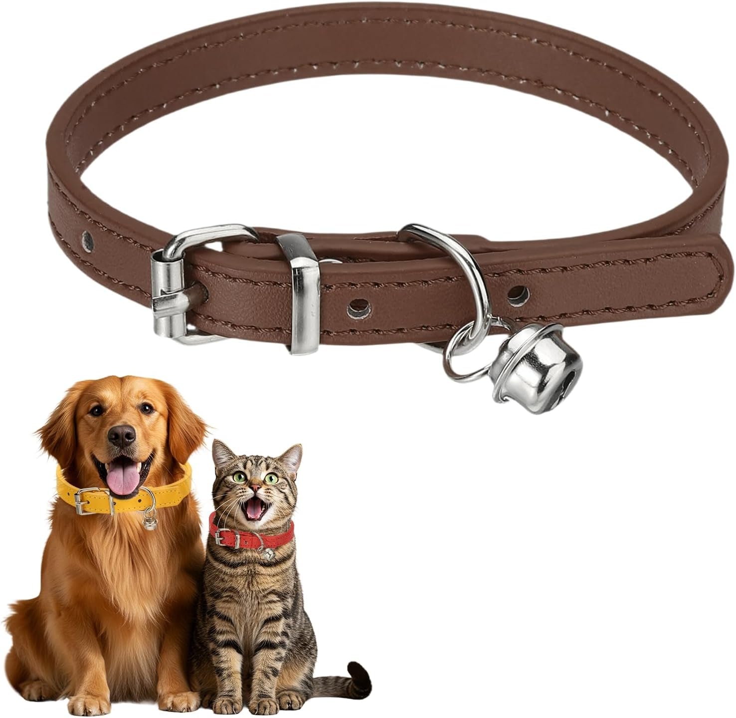Dog Collar with Bell, Pu Leather Cat Collars Pet Basic Soft Padded Adjustable Buckle, 14.5" (Blue, 1 Pcs), Intended for Teacup/Little Dog/Kitten Cats/Small Animals