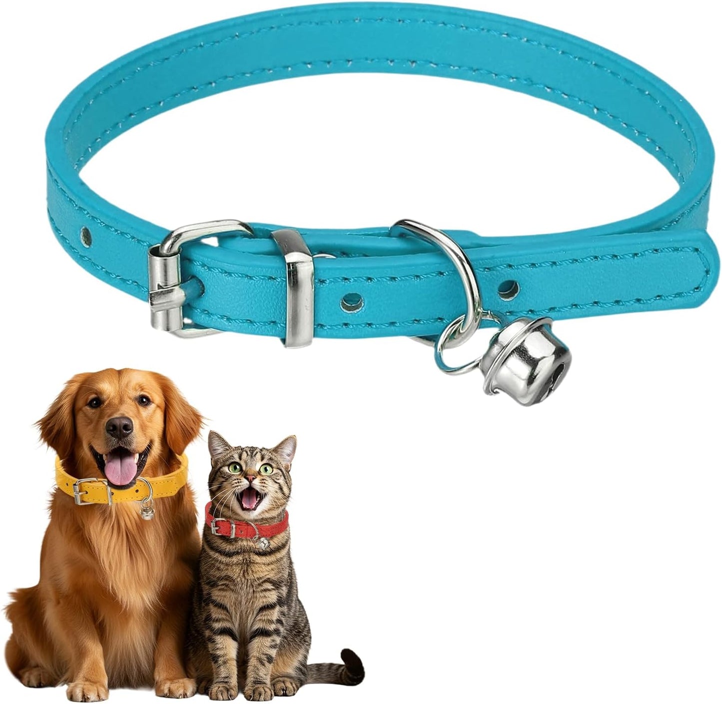 Dog Collar with Bell, Pu Leather Cat Collars Pet Basic Soft Padded Adjustable Buckle, 14.5" (Blue, 1 Pcs), Intended for Teacup/Little Dog/Kitten Cats/Small Animals