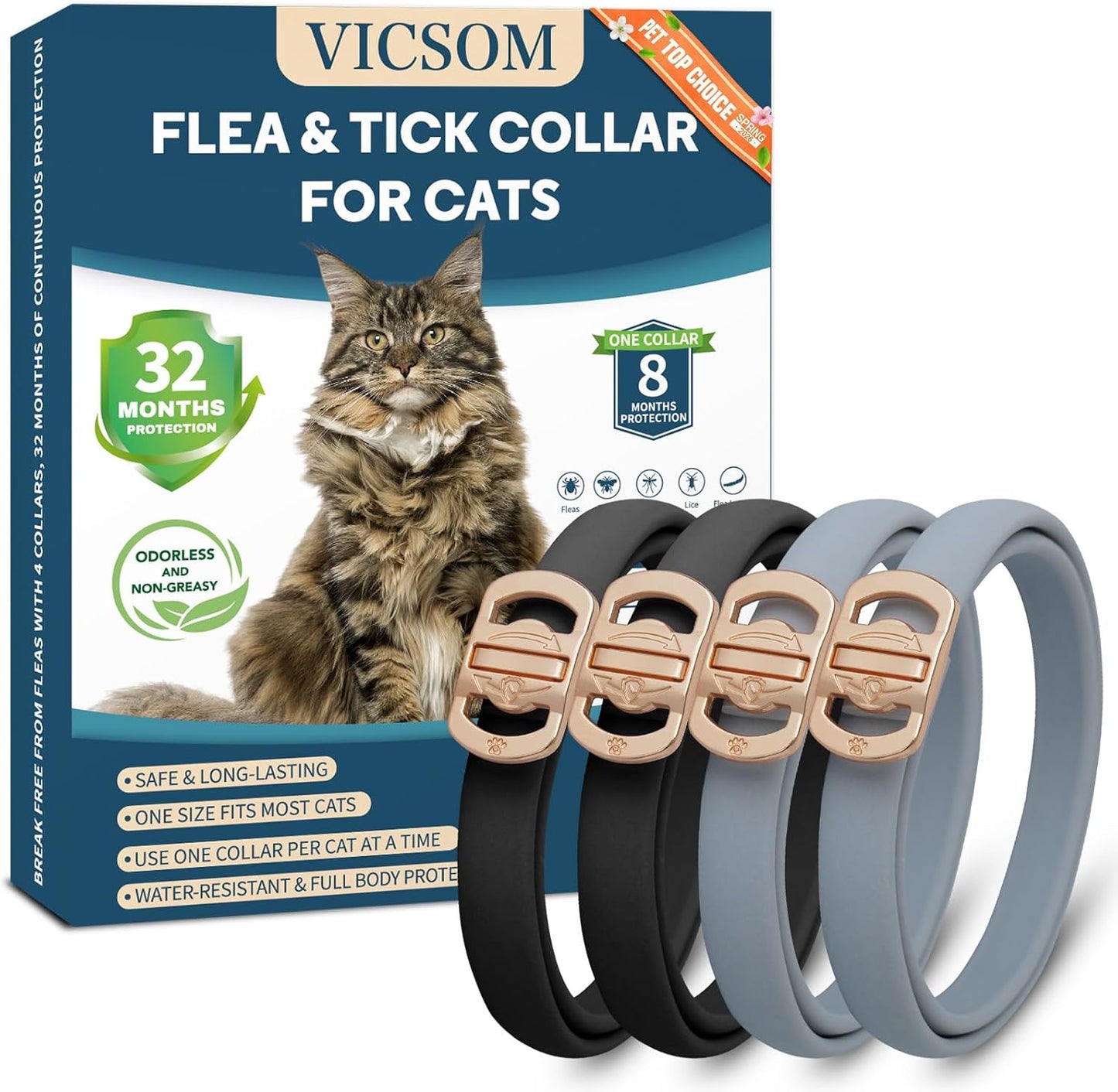 Flea and Tick Collar for Cats - 4 Pack, 32 Month Protection Treatment, Waterproof, Natural Prevention, Adjustable for Cats & Kittens (Black Grey)