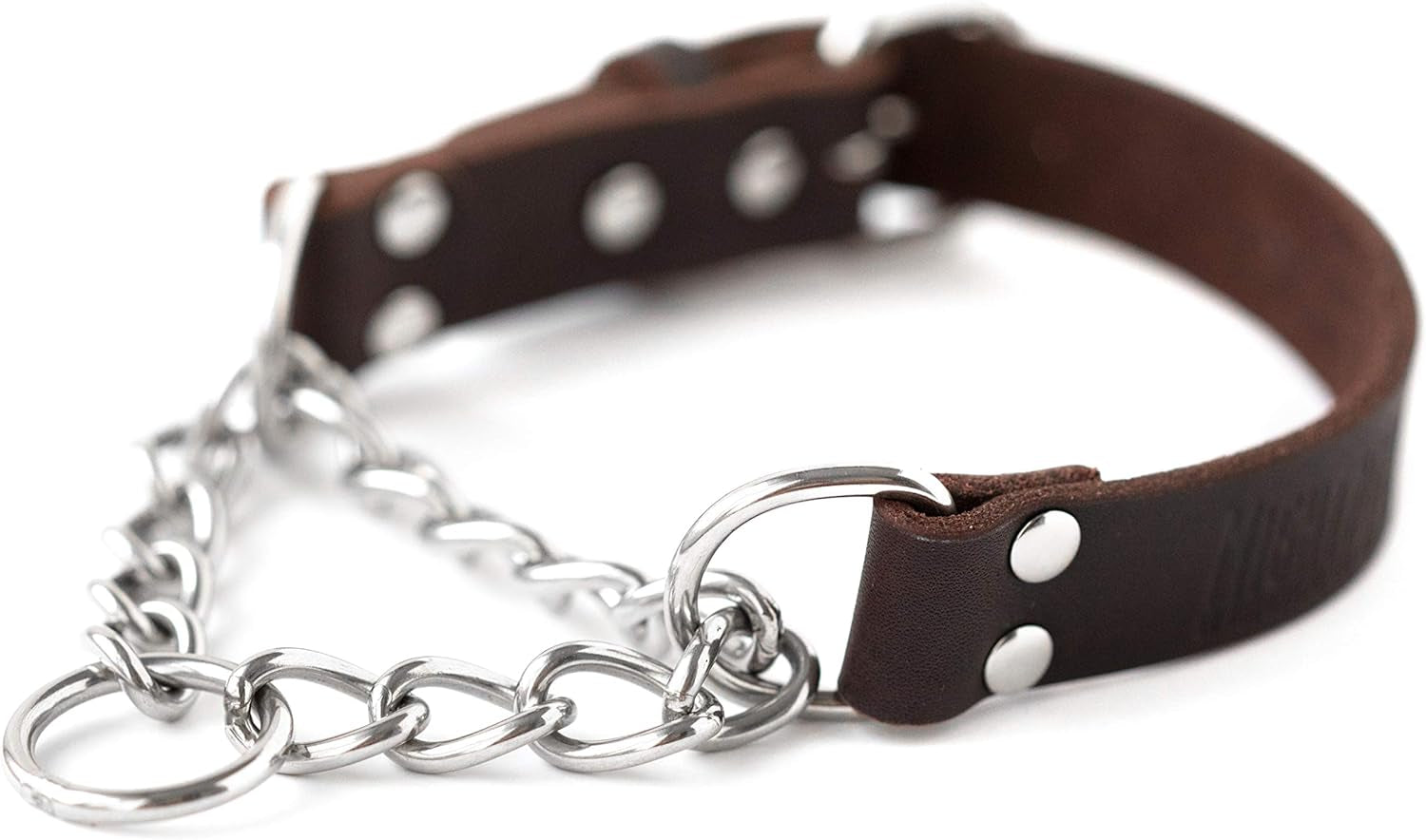 Martingale Dog Collar - No Pull Design - Stainless Steel Chain - Limited Chain Cinch Training - Brown Leather Martingale Training Collar - Small Size