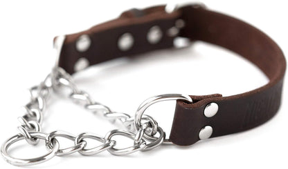 Martingale Dog Collar - No Pull Design - Stainless Steel Chain - Limited Chain Cinch Training - Brown Leather Martingale Training Collar - Small Size
