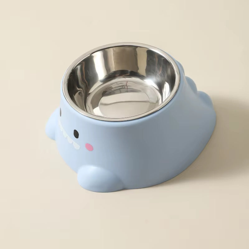 Cartoon Dinosaur 15° Tilted Pet Bowl: Elevated Stainless Steel Dish with Neck Support - Fun & Cute Feeder for Cats & Puppy