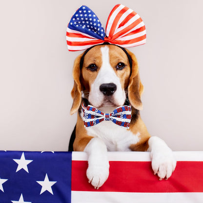 Patriotic 4th of July Dog Collar with Removable Bow Tie - Adjustable Red, White & Blue USA Stars for All Dog Sizes