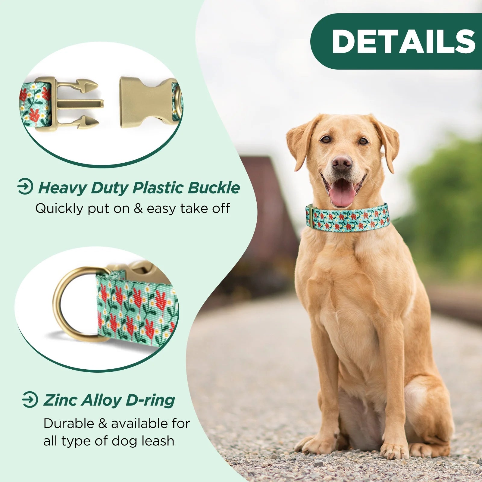 Cute Dog Collar, Cyan Flower Pattern, Soft Nylon Pet Collars for Small Medium Large Dogs, L