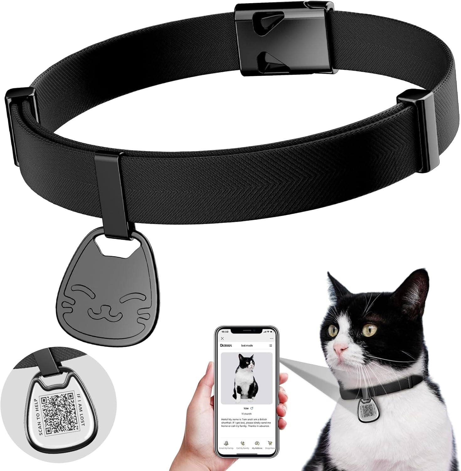 Cat Collar with QR Code Name Tag, Breakaway Kitten Collar for Boy & Girl Cats, Ultra Soft Elastic Adjustable Band, Safety Break Away Buckle, Comfortable & Secure Pet ID Collar (6"-12"), Iridescent