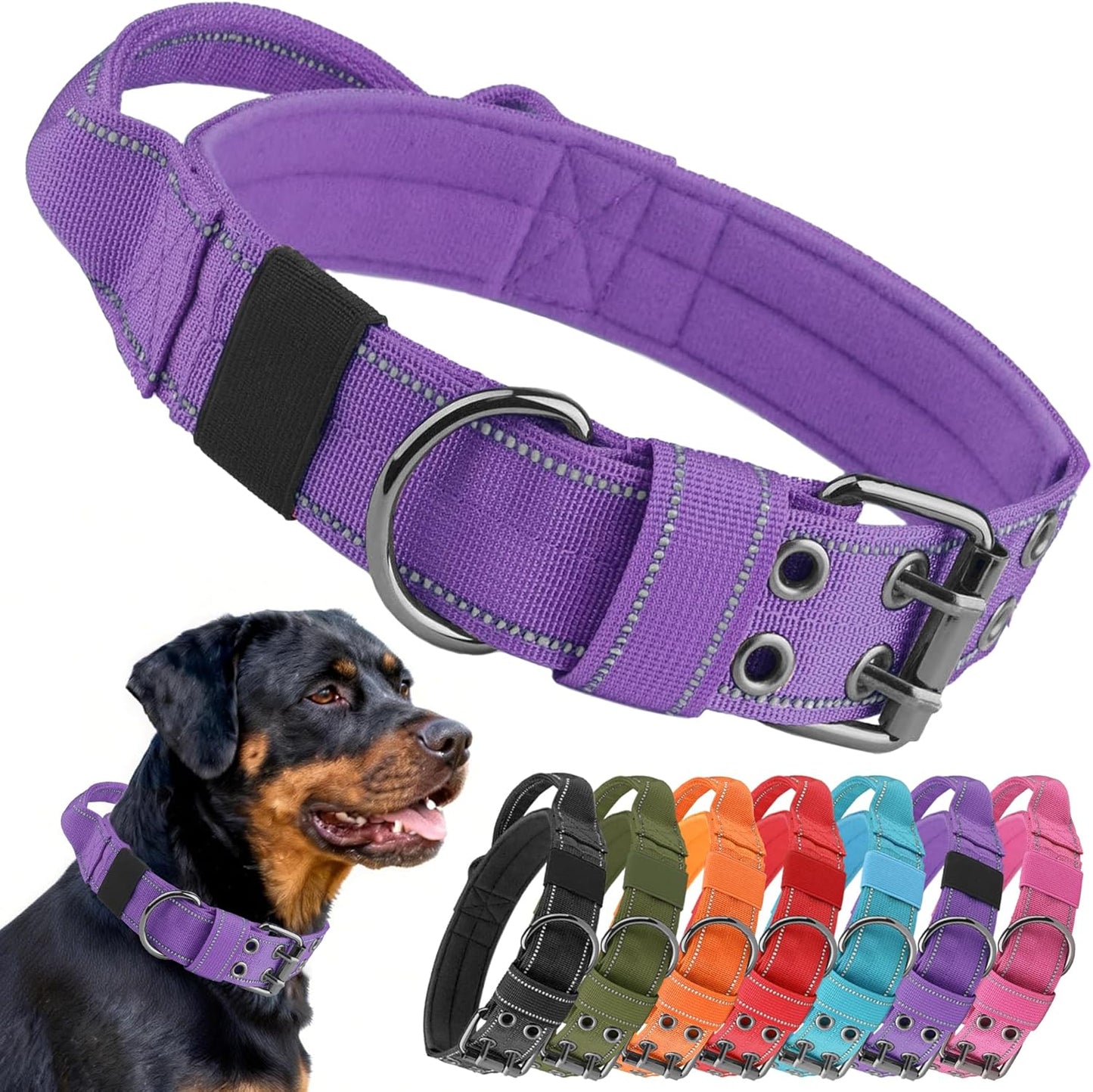 Tactical Dog Collar with Control Handle, Military Adjustable Pet Collar Reflective Heavy Metal Buckle Dog Collar, Soft Nylon Training Collar for Medium Large Dogs (Blue, Large)