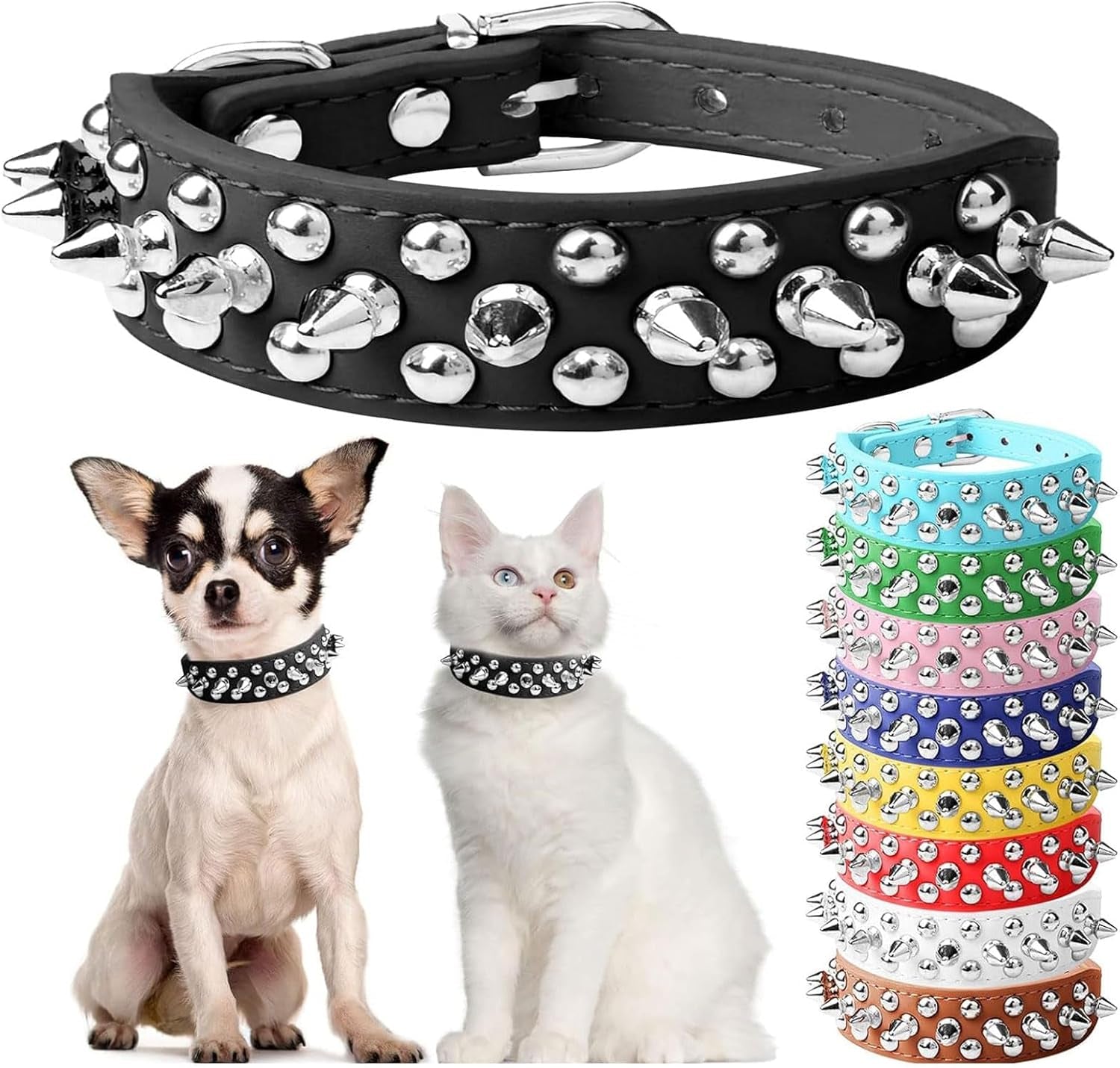 Small Pink Spiked Dog Cat Collar for Small Medium Dogs Girl Female - Adjustable Studded Puppy Collars - Soft Padded Punk Leather Dog Collar for Chihuahua French Bulldog Pug (Pink,L)