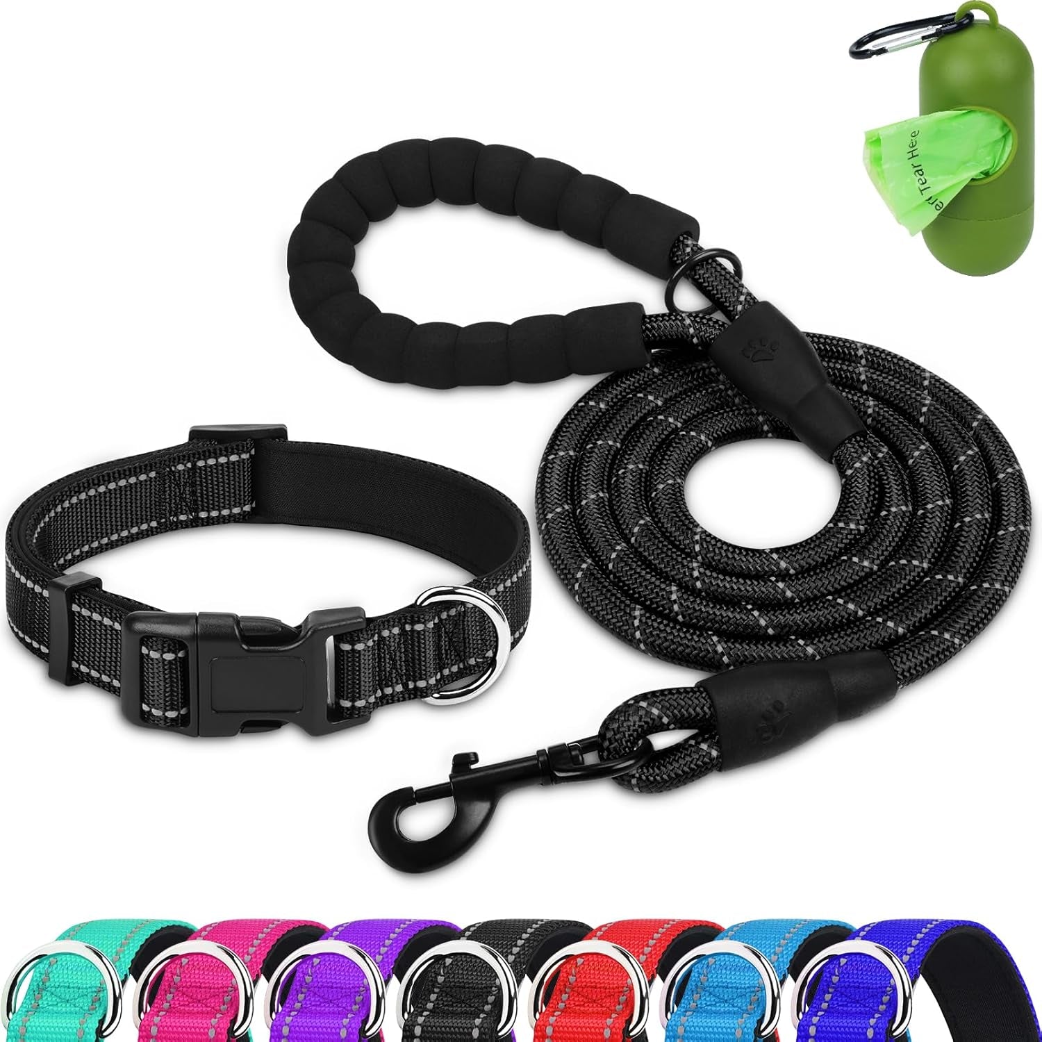 Reflective Dog Collar and Leash Set, 6FT Strong Climbing Rope Leash with Padded Handle, Adjustable Pet Collar with Soft Neoprene Padding for Large Dogs, Teal, L