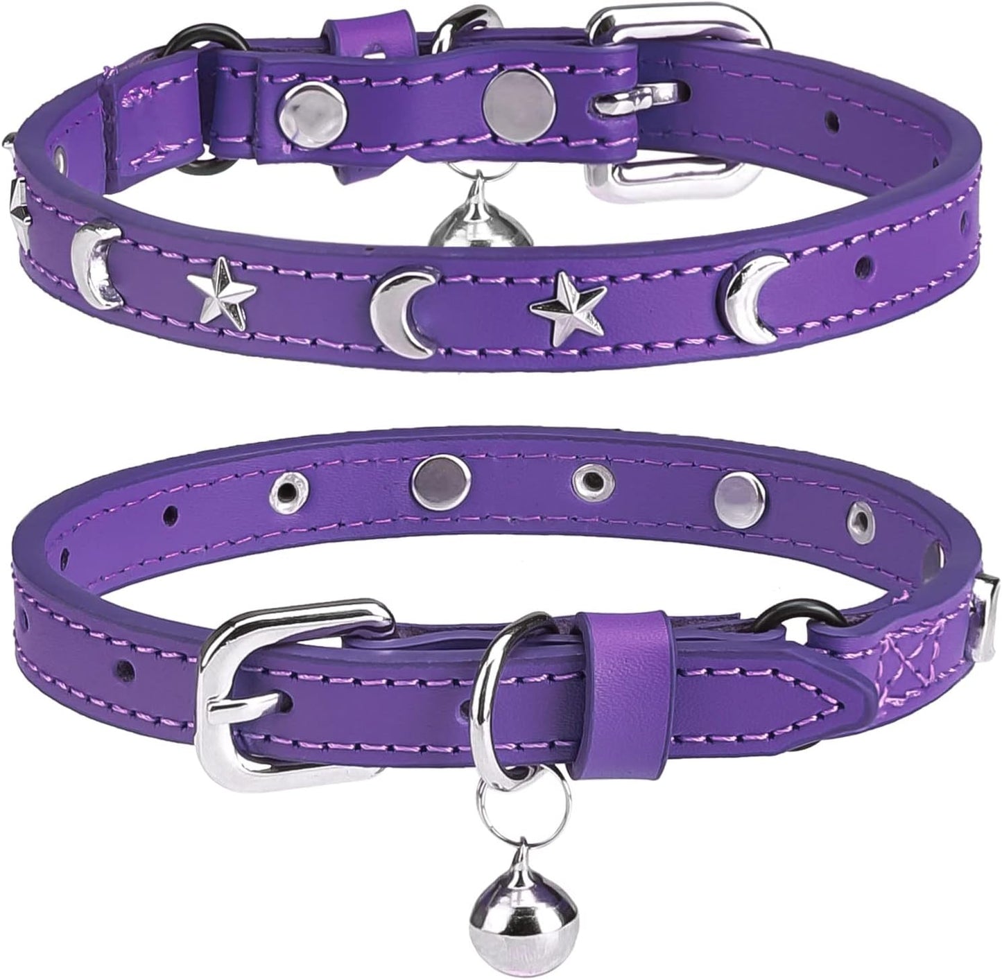Leather Cat Collars for Boy Girl Cats with Bell and Safety Elastic Belt, Personalized Star and Moon Stud Adjustable Safe Buckle Collar for Kitty Small Big Cats Size 7-9 Inch, Black