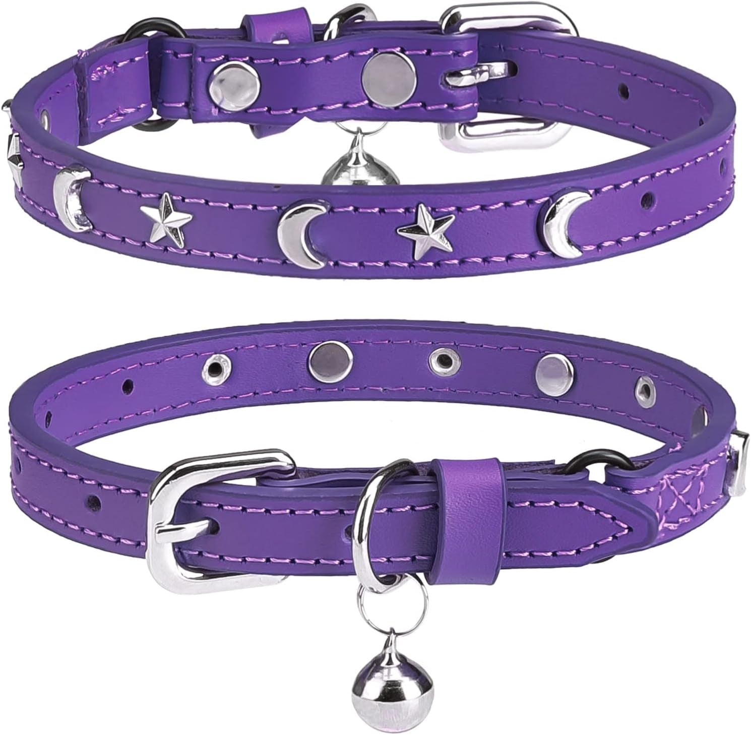 Leather Cat Collars for Boy Girl Cats with Bell and Safety Elastic Belt, Personalized Star and Moon Stud Adjustable Safe Buckle Collar for Kitty Small Big Cats Size 7-9 Inch, Black
