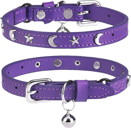 Leather Cat Collars for Boy Girl Cats with Bell and Safety Elastic Belt, Personalized Star and Moon Stud Adjustable Safe Buckle Collar for Kitty Small Big Cats Size 7-9 Inch, Black