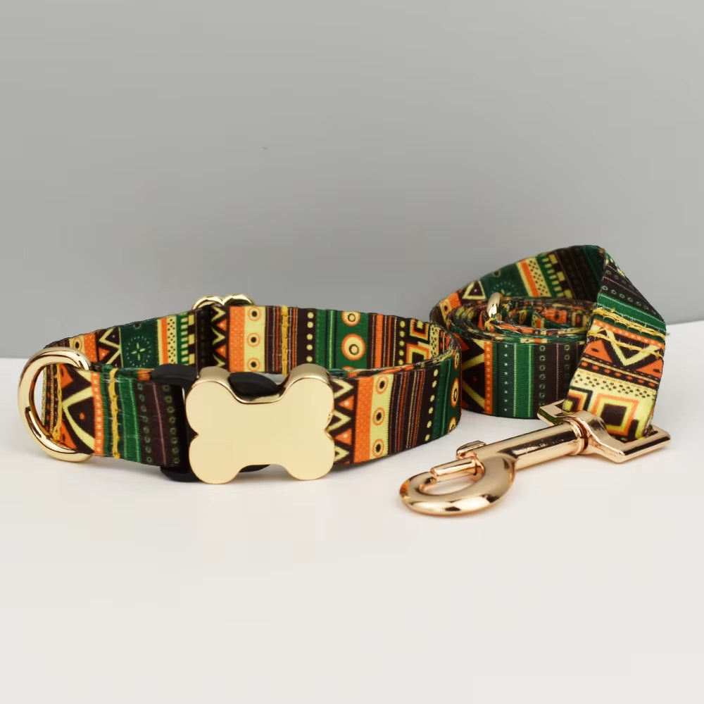 Custom Engraved Ethnic Style Dog Collar with Nameplate for Small Medium Large Dogs Pet Supplies with Matching Leash