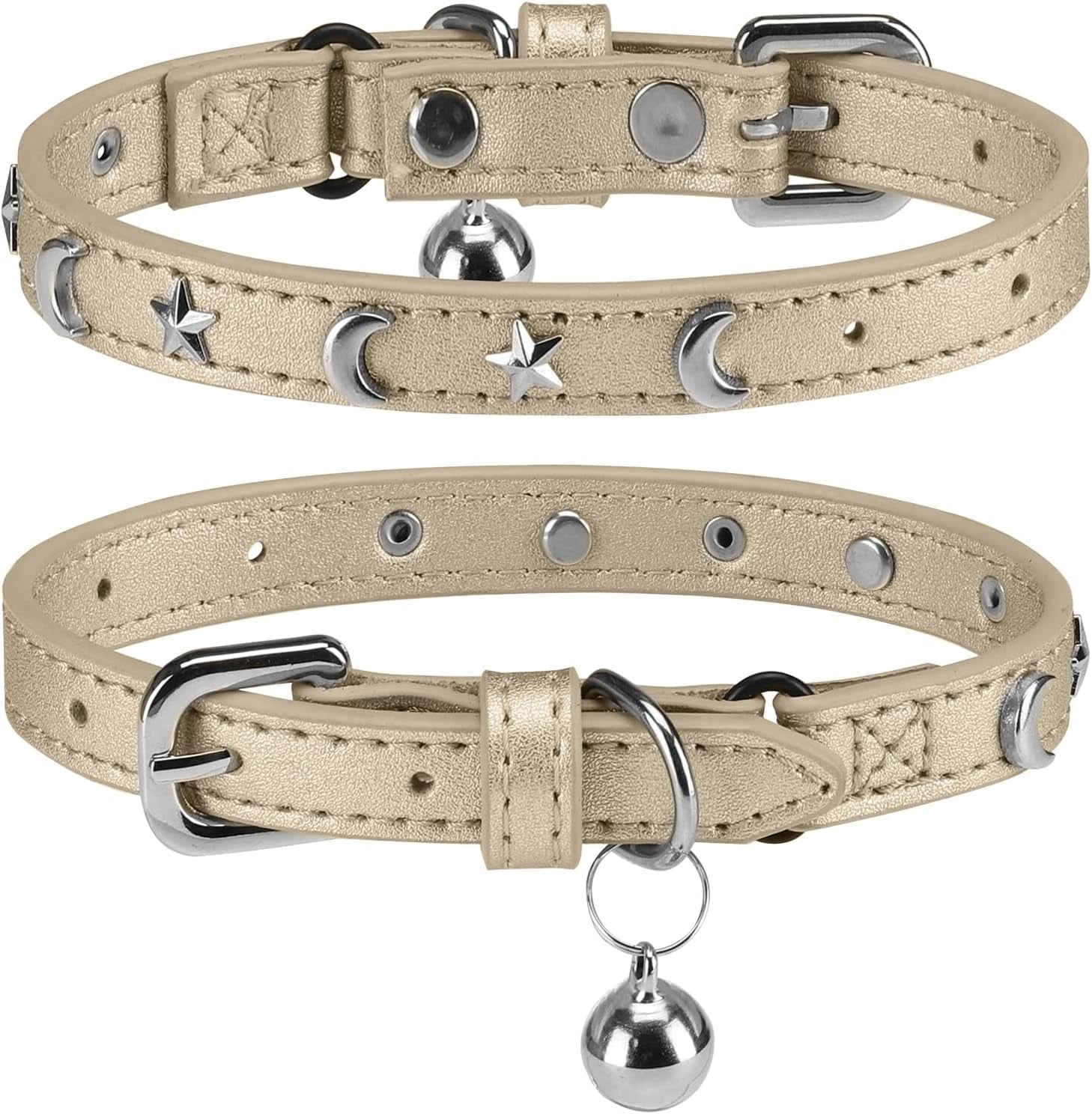 Leather Cat Collars for Boy Girl Cats with Bell and Safety Elastic Belt, Personalized Star and Moon Stud Adjustable Safe Buckle Collar for Kitty Small Big Cats Size 7-9 Inch, Black
